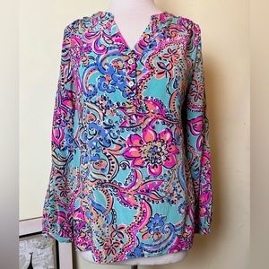 Lilly Pulitzer Tunic Size M Flowy Silk Purple Koi Fish In Love Long Sleeves